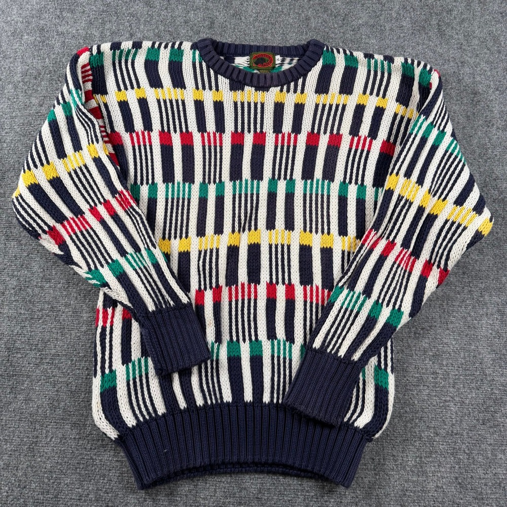Boston Traders Sweater Mens XL Multi Color Geometric Cotton Knit Vintage 90s